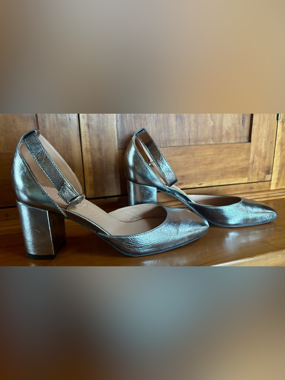 J.Crew Maisie Metallic Crinkle Leather Ankle-Strap Block Heels Silver - 7.5